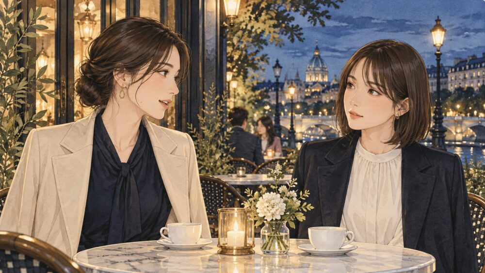 職場を出た後、圧力をかけずに笑顔で会話する女性同僚。