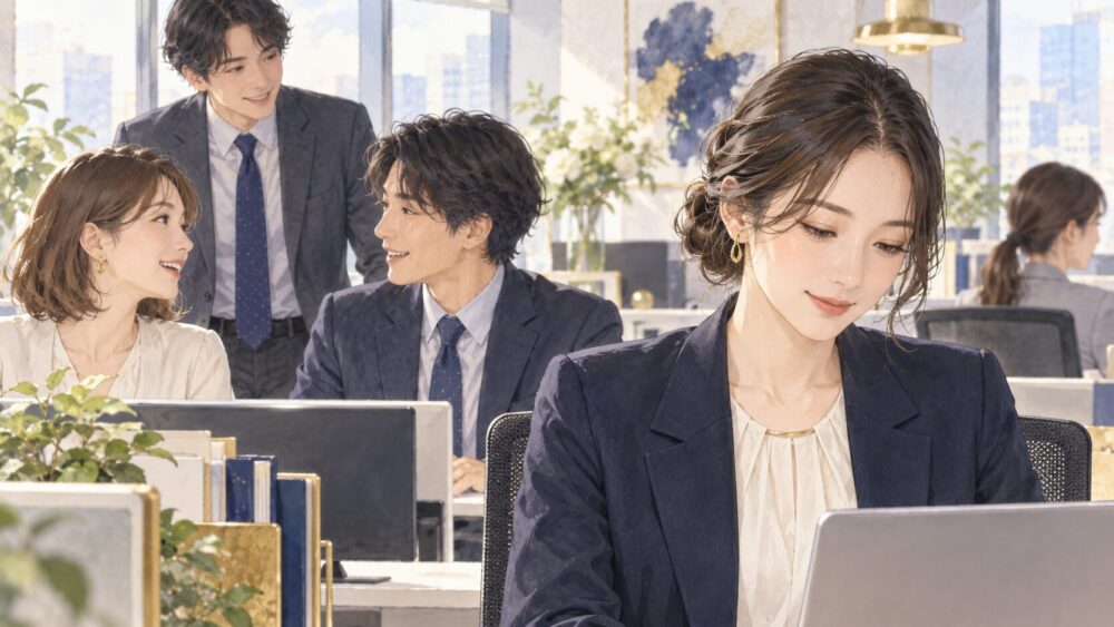 親しげに話す場面と、距離を保つ職場での場面を左右に描いた比較。