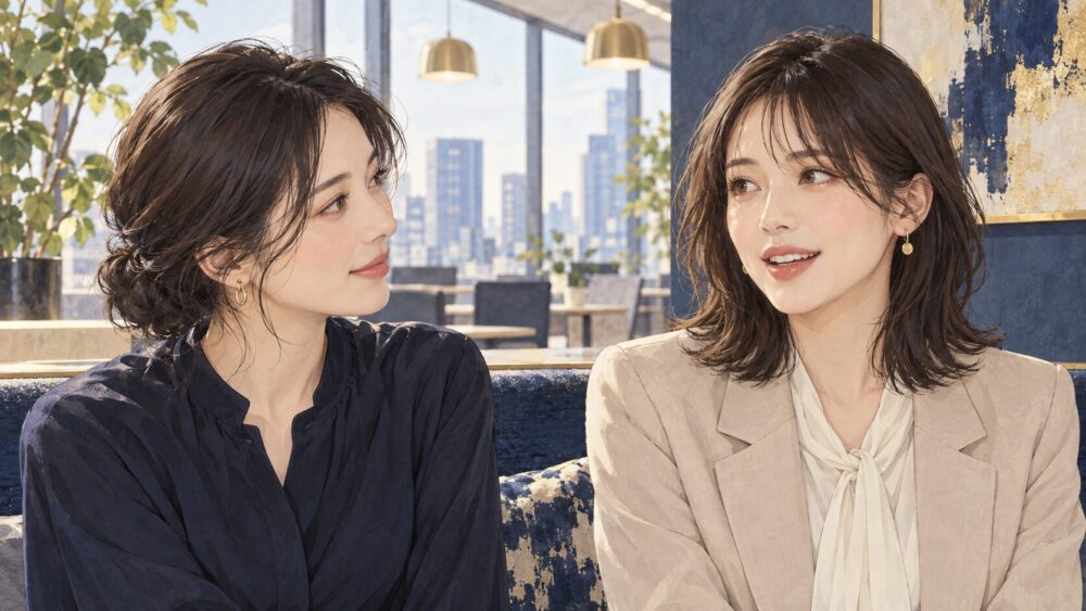 職場のテーブルで向き合い、笑顔で話す女性同僚。