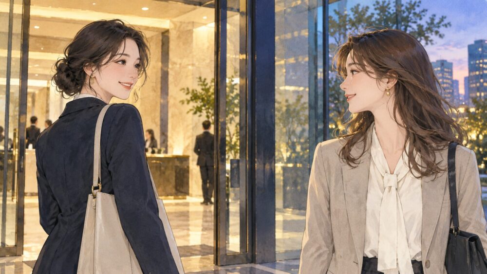 夜のカフェで向かい合い、穏やかに会話する女性同僚。