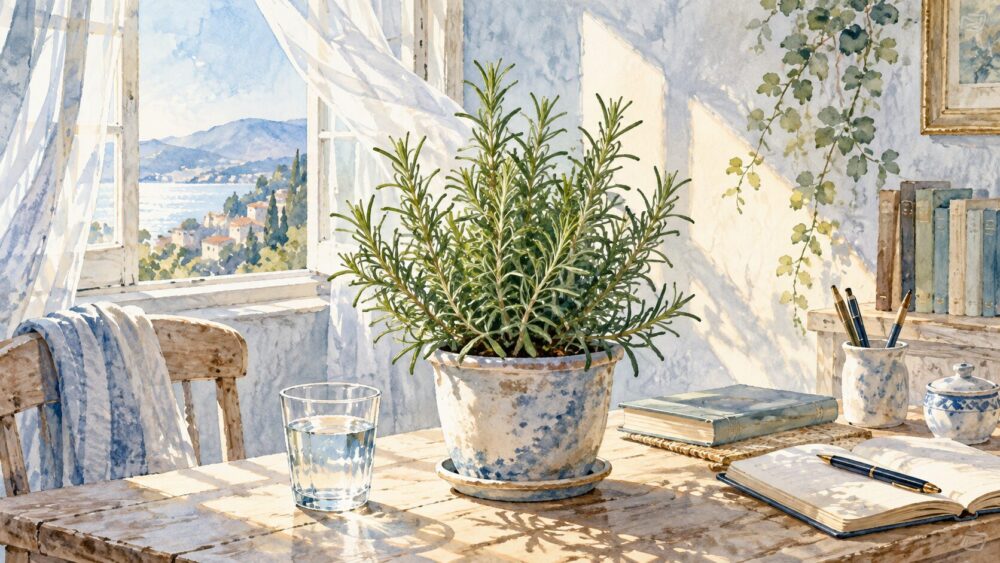 日差しの入る部屋で育つローズマリーの鉢植え