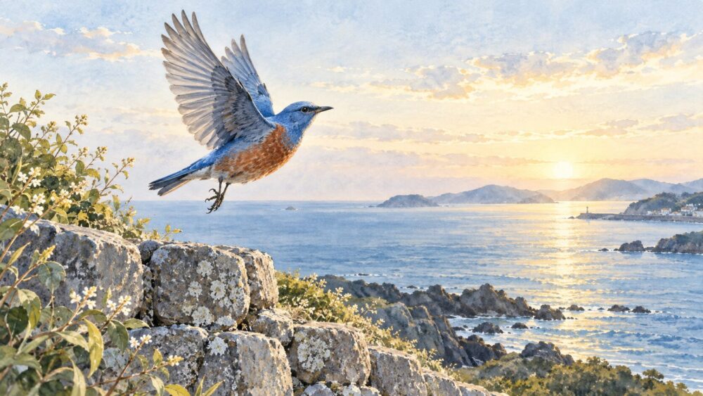 日の出の海へ飛び立つオスのイソヒヨドリ