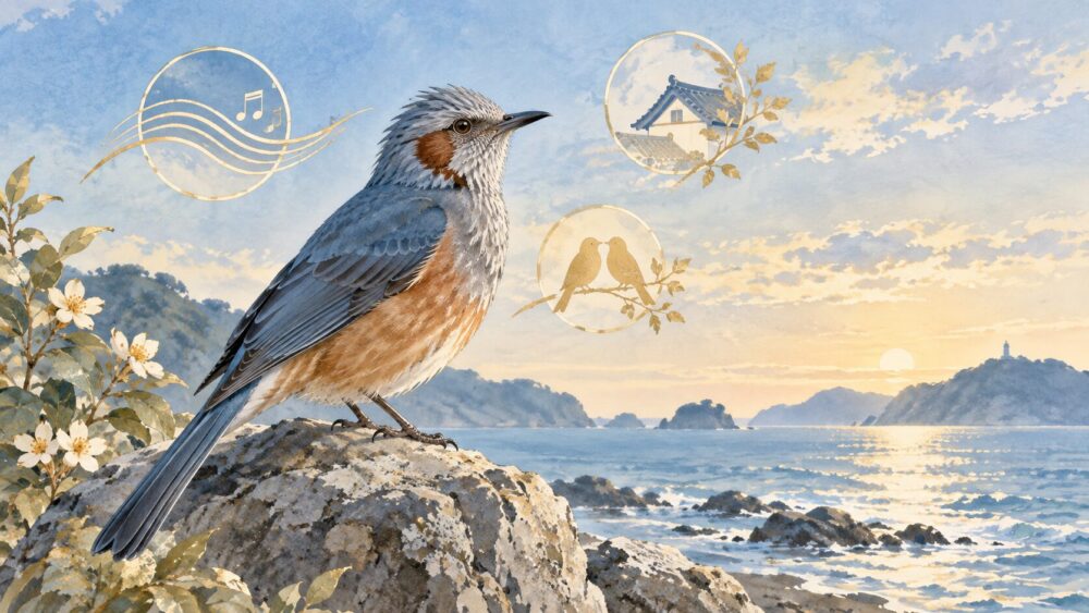 海辺の石にとまるイソヒヨドリと、鳴き声・住まい・つがいを示す小さなモチーフ