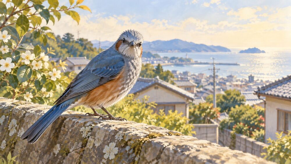 海辺の町を背景に石壁にとまるオスのイソヒヨドリ