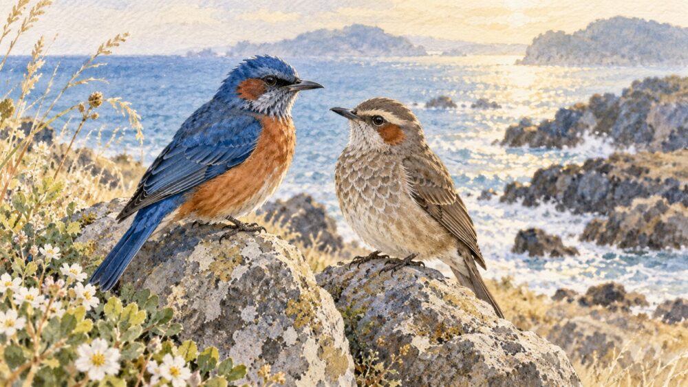 青と赤のオス、茶褐色のメスが並ぶイソヒヨドリのつがい