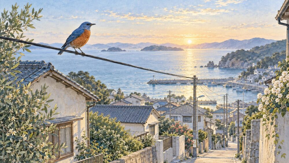朝の海辺を望む住宅街の電線にとまるオスのイソヒヨドリ