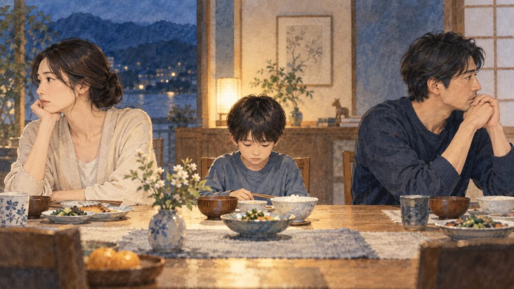 食卓で沈黙する夫婦と、うつむく子どもの姿。