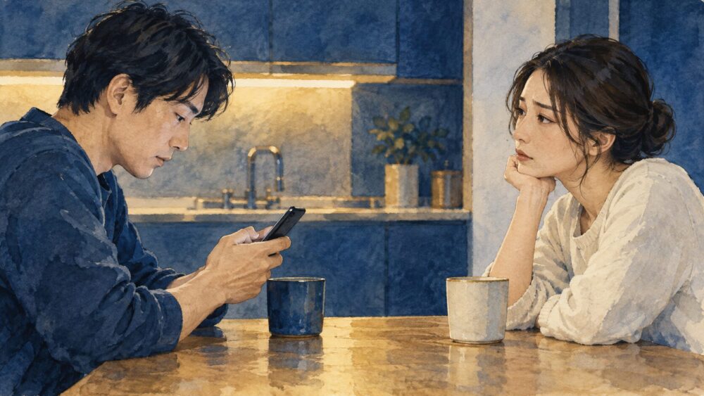 スマートフォンを見る夫と、気持ちを伝えようとする妻。