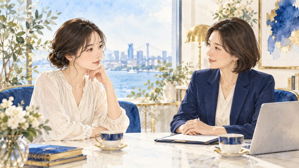 女性相談員に話を聞いてもらい、今後を考える女性。