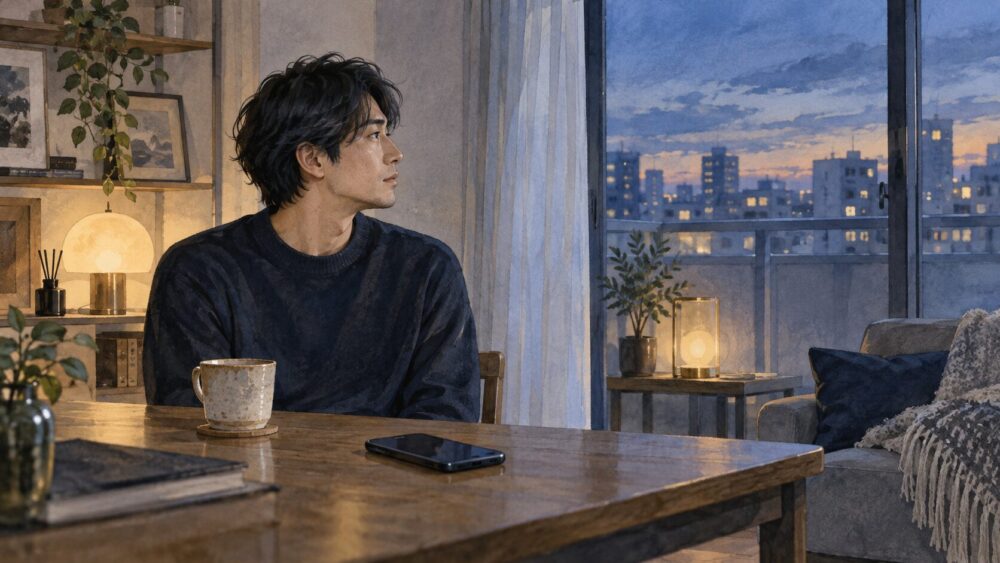 使っていないスマートフォンを前に、夕暮れの窓辺で考え込む男性。