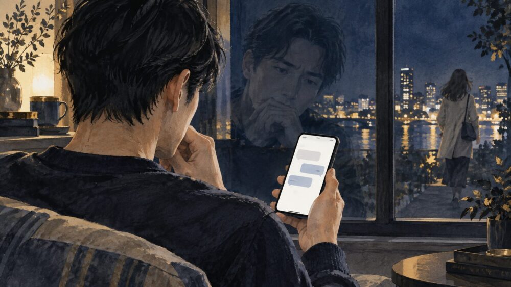 画面を見つめながら元カノへの連絡を思いとどまり、距離感を考える男性。