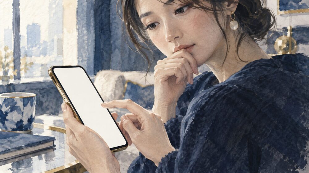 送信直前に指を止め、短い追いLINEを送るか迷う女性。画面の文字は見えない。