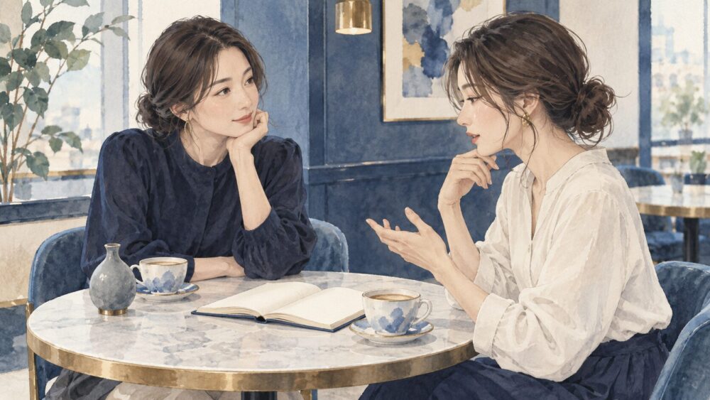 友人と向かい合って返信の有無でなく相手の実際の行動を整理する女性二人。