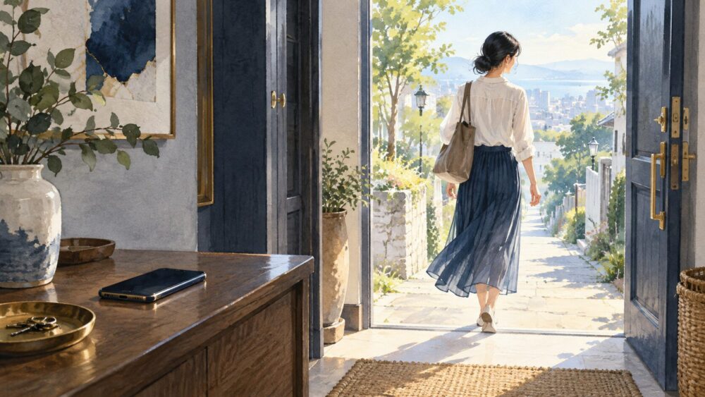 スマートフォンを伏せて朝の道へ歩き出し、自分の時間を取り戻す女性。