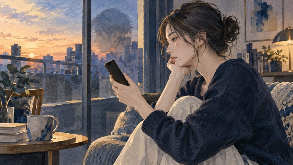 未読のままのスマートフォンを見つめ、時間が過ぎても相手を待つ女性。