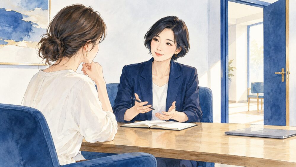 契約書と勧誘資料を前に、信頼できる人へ相談する場面。