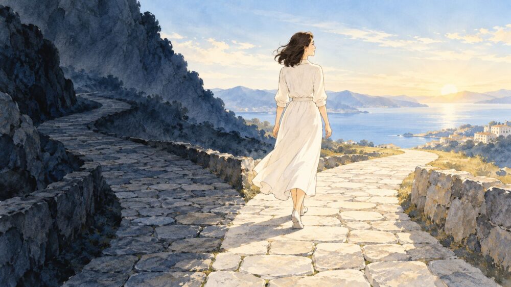 静かな海辺で深呼吸し、自分の心を取り戻す女性。