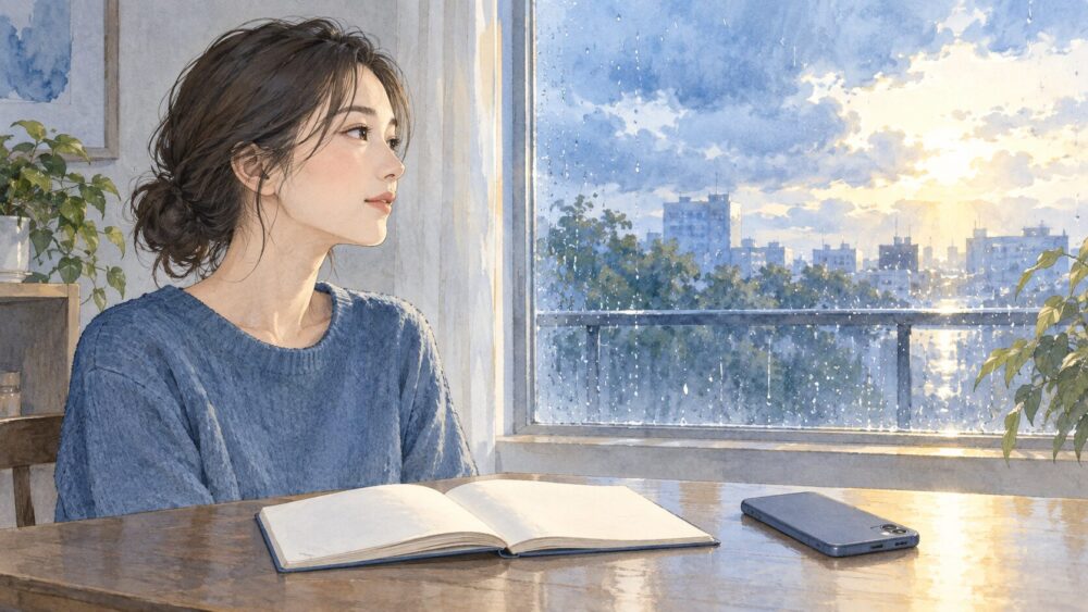 雨上がりの窓辺で、スマートフォンと白いノートを置き、相手の返事を待つ女性。