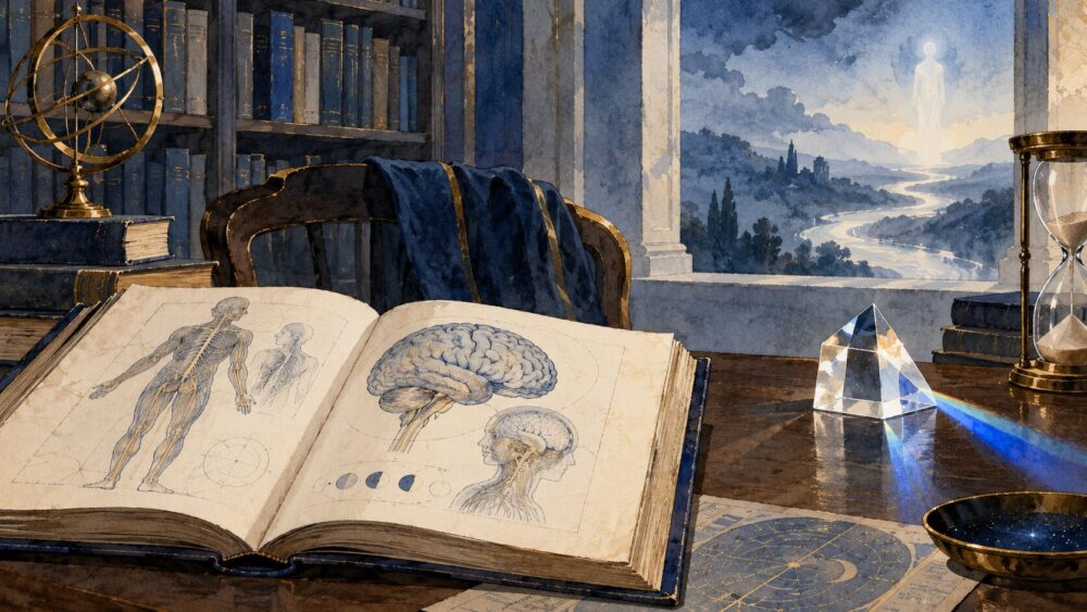 脳と意識の研究書を開き、死後の世界をめぐる問いを考える書斎。