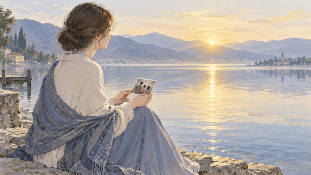 湖畔で写真を手に、人生の記憶を静かに受け止める女性。