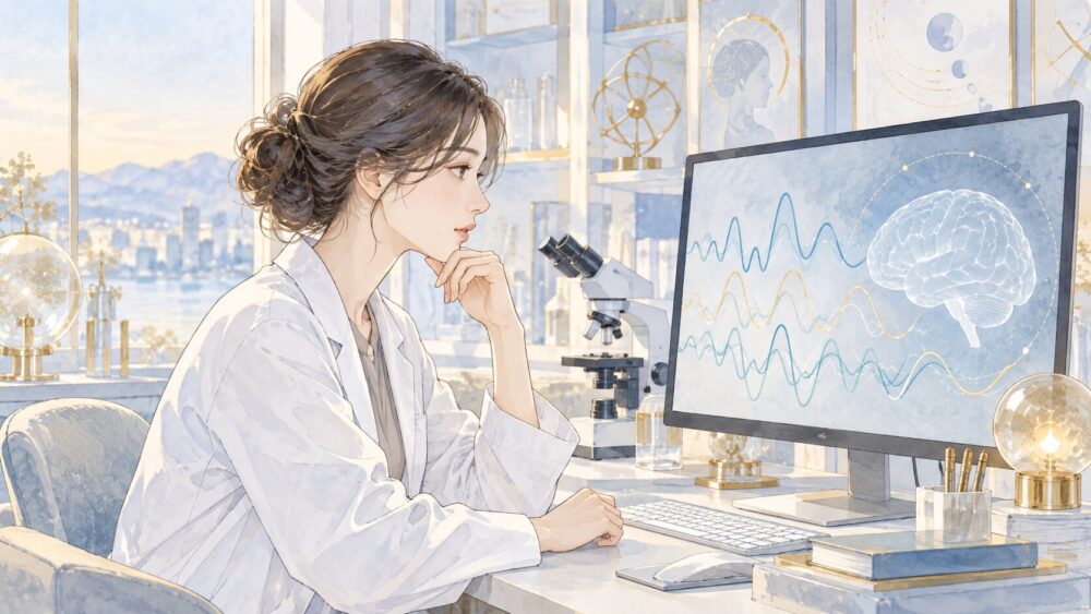 臨死体験の証言や研究資料を読み比べる研究者。