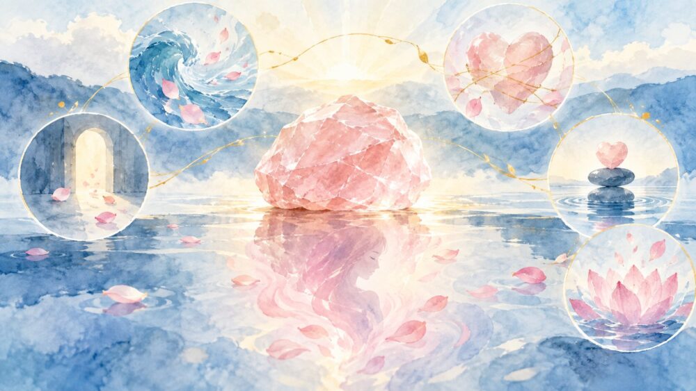 ローズクォーツを中心に、水面の波紋と淡い光が広がるイラスト