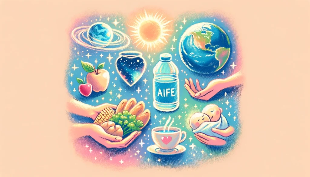 宇宙からの贈り物としての空気、水、食物、愛情を表すイラストです。生命を受け取るイメージが描かれています。