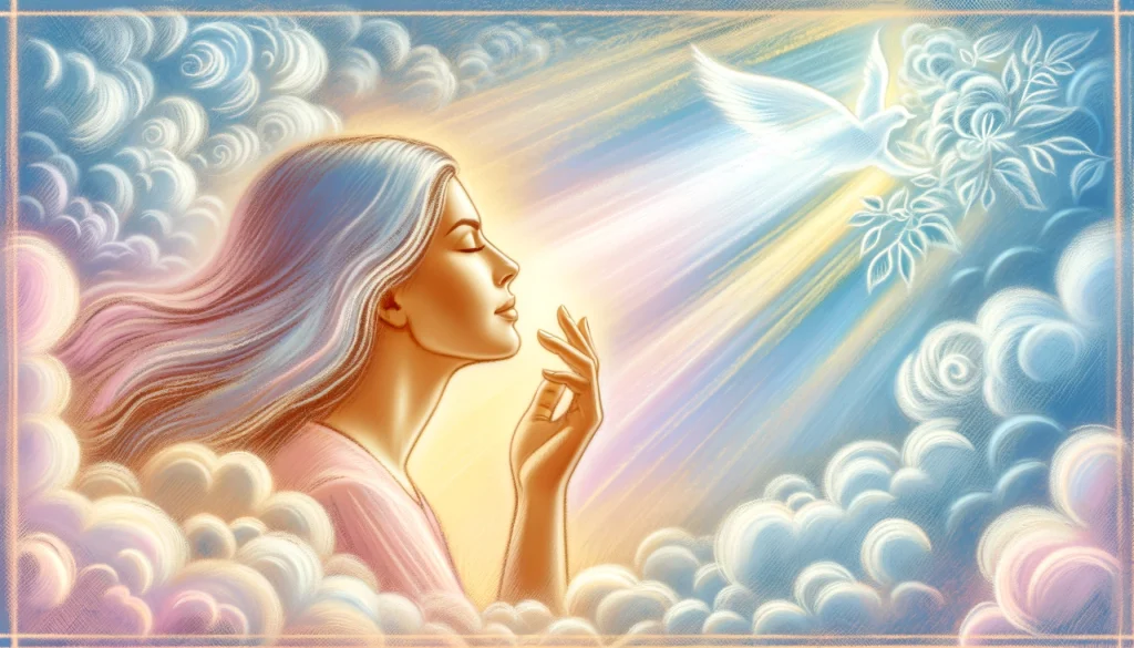 天国の匂いを嗅ぎ、高次元のエネルギーとつながっている女性のイラストです。彼女は平和で悟りの状態にあり、天国的な要素に囲まれています。