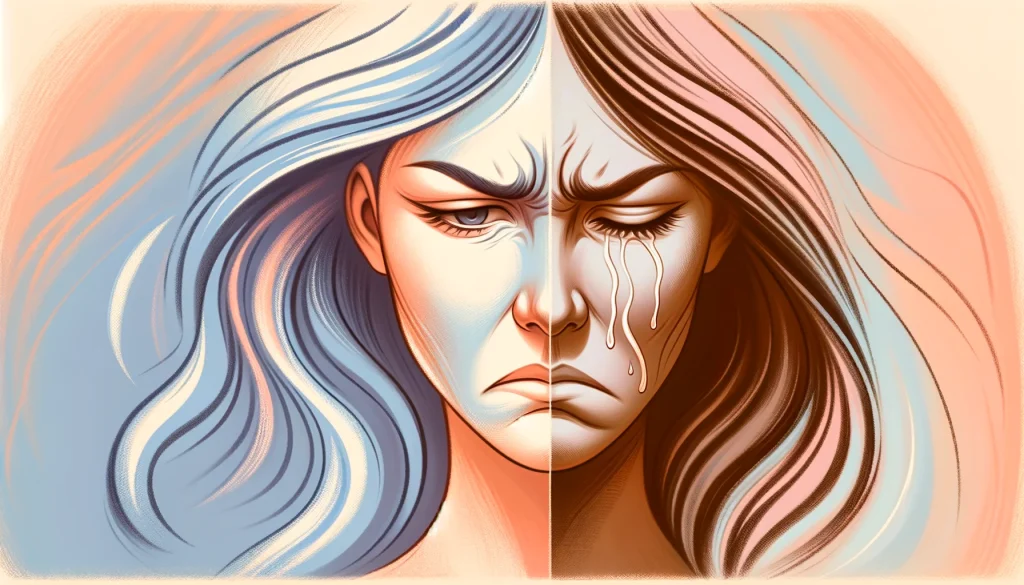 感情の波が激しい女性を表しています。怒りと悲しみの分かれた表情と、感情の渦を表すカラフルな背景が特徴です。