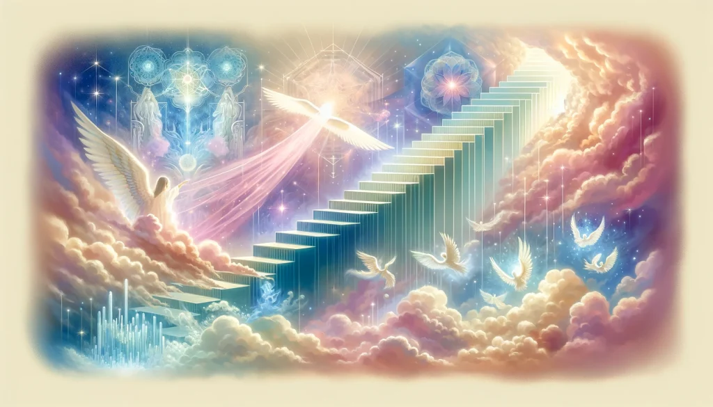 天使の梯子を頻繁に見る意味をテーマにした、立体感のある柔らかいパステル調のイラスト。天界と地上をつなぐ鮮やかで立体的な梯子を描いており、霊的なつながりを象徴しています。