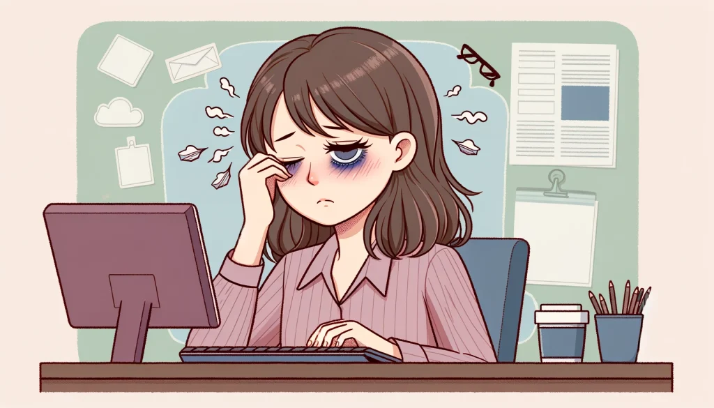 デスクワークで目が疲れている女性を描いたイラスト。彼女は疲労と不快感を表す表情をしており、背景にはオフィス関連のアイテムが描かれています。