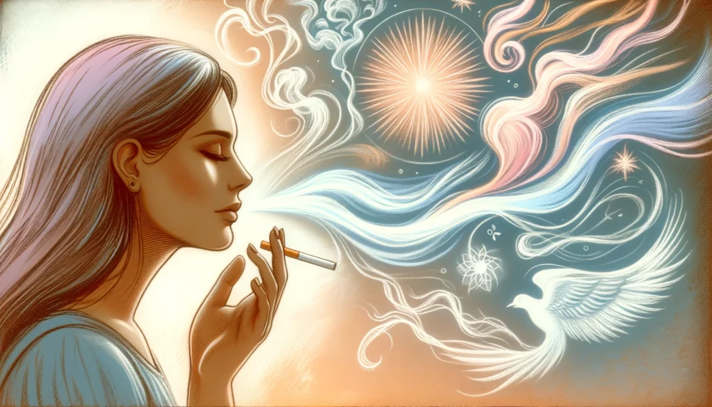 タバコの匂いがする霊臭現象を感じている女性のイラストです。彼女は思索的または慰められた表情をしており、タバコの煙や霊的な形象が描かれています。