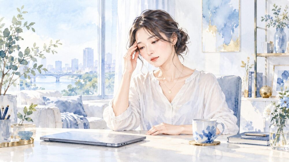画面作業のあと、こめかみに手を添えて机で休む女性