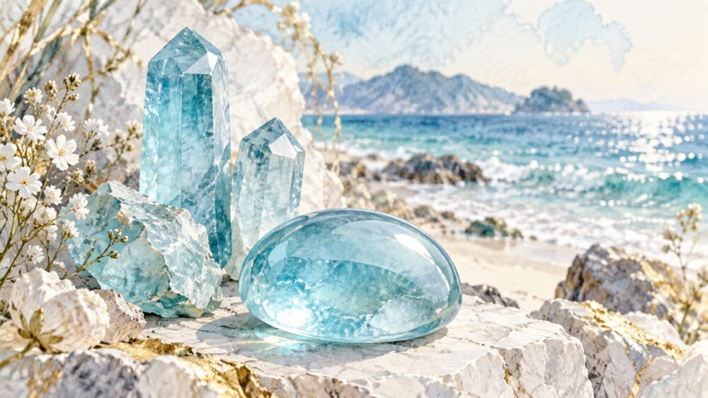 海辺の光を受けて透き通る淡青色のアクアマリン結晶