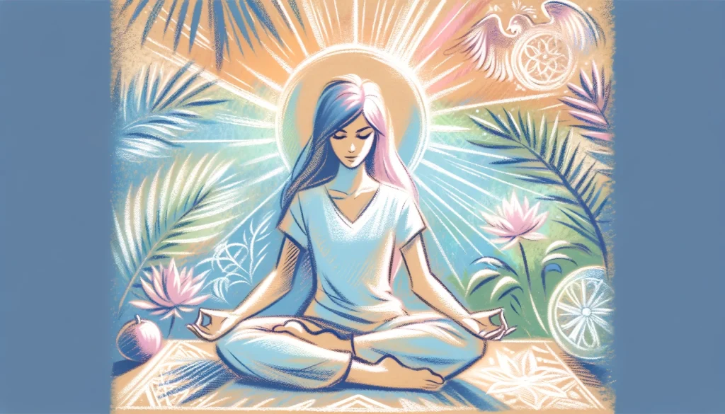 スピリチュアルな実践をしている女性のイラスト。平和で瞑想的な状態が描かれています。