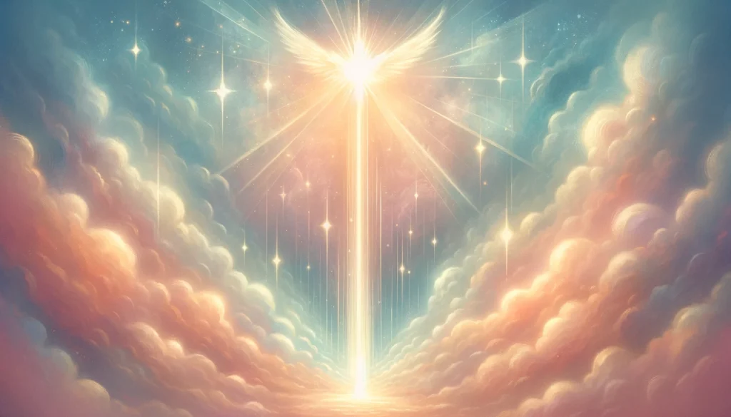 地上から天に向かって伸びる光の柱を描いており、成長、進化、天からの啓示やメッセージ、浄化や解放の象徴を表現しています。