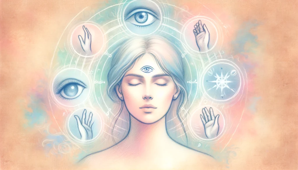 五感が研ぎ澄まされ、霊的覚醒のサインを示している女性のイラストです。彼女は高い知覚状態を示し、五感を象徴するシンボルに囲まれています。