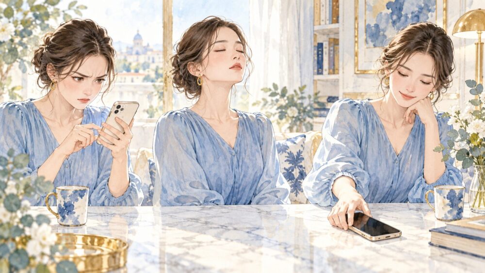 怒りのメッセージを送らず、スマートフォンを伏せて一呼吸置く女性。