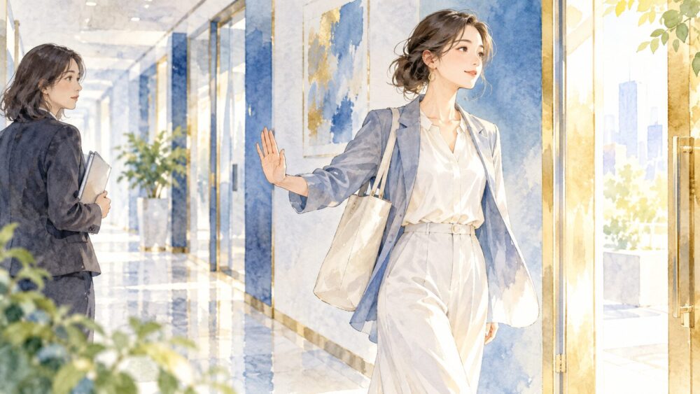 職場で穏やかに距離を示し、明るい出口へ向かう女性。
