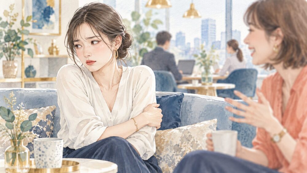 職場で苦手な人の近くにいて、肩に力が入る女性。
