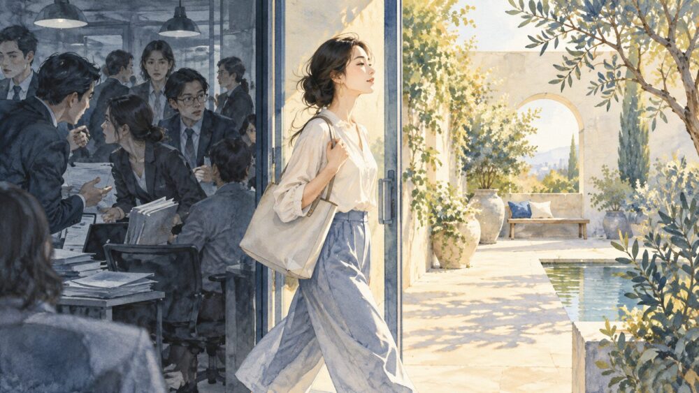 人の多い職場を出て、静かな中庭で肩の力を抜く女性。