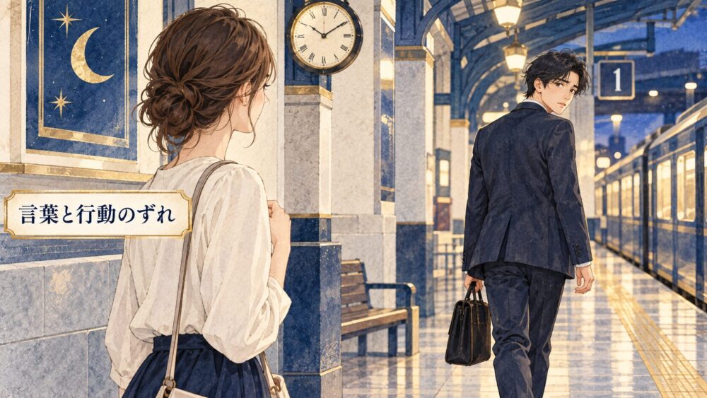 駅構内を立ち去りながら振り返る男性と、その行動のずれに気づく女性。
