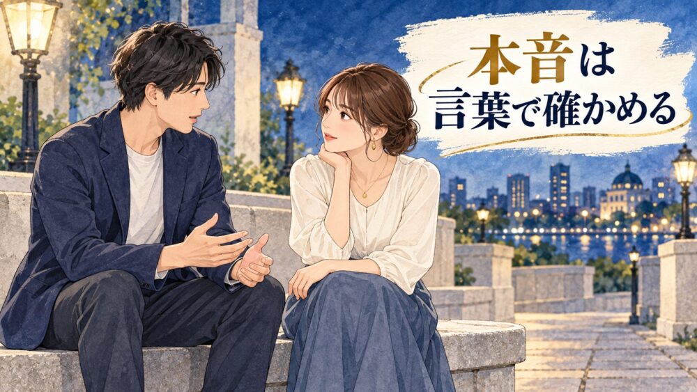 海辺の遊歩道で向き合い、本音を言葉で確かめる男女。