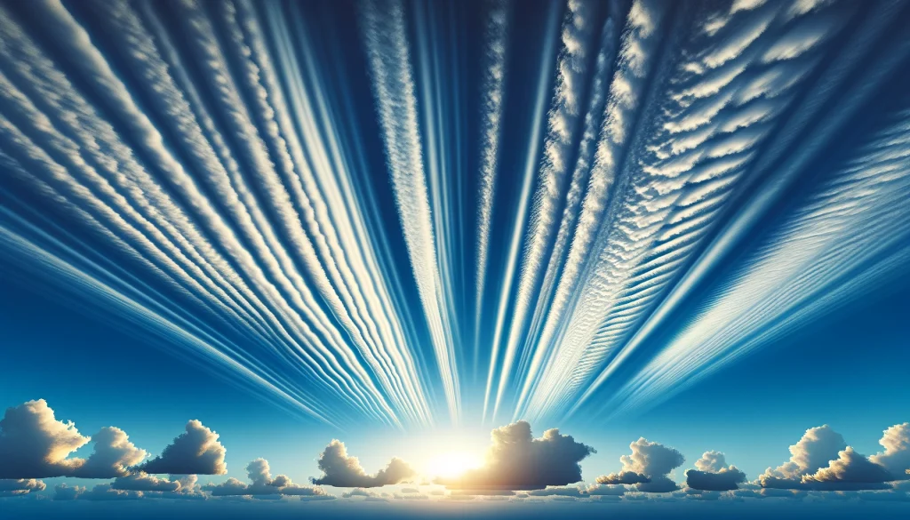 人生の好転を示す放射状雲。希望とポジティブな変化を象徴する、ライトブルーとホワイトのナチュラルな雲と空の色で表現されています。