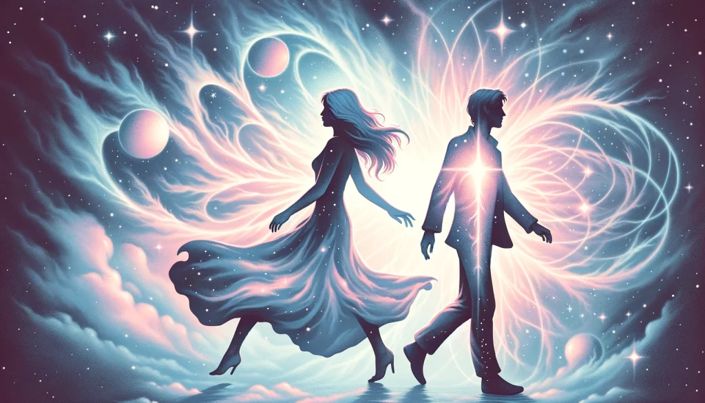 男女のシルエットがすれ違う様子を描いていますが、背景の星雲や宇宙エネルギーが、彼らの霊的なつながりの深さを示しています。
