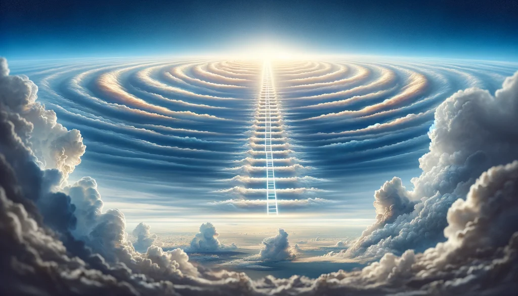 放射状雲と天使の梯子のコンセプト。地上から天へと続く梯子のような形をした、スピリチュアルで天国的な雰囲気の放射状雲が描かれています。