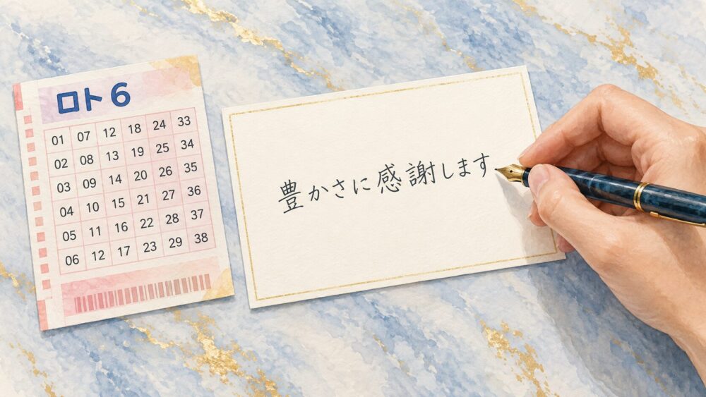 宝くじと「豊かさに感謝します」と書いたカード