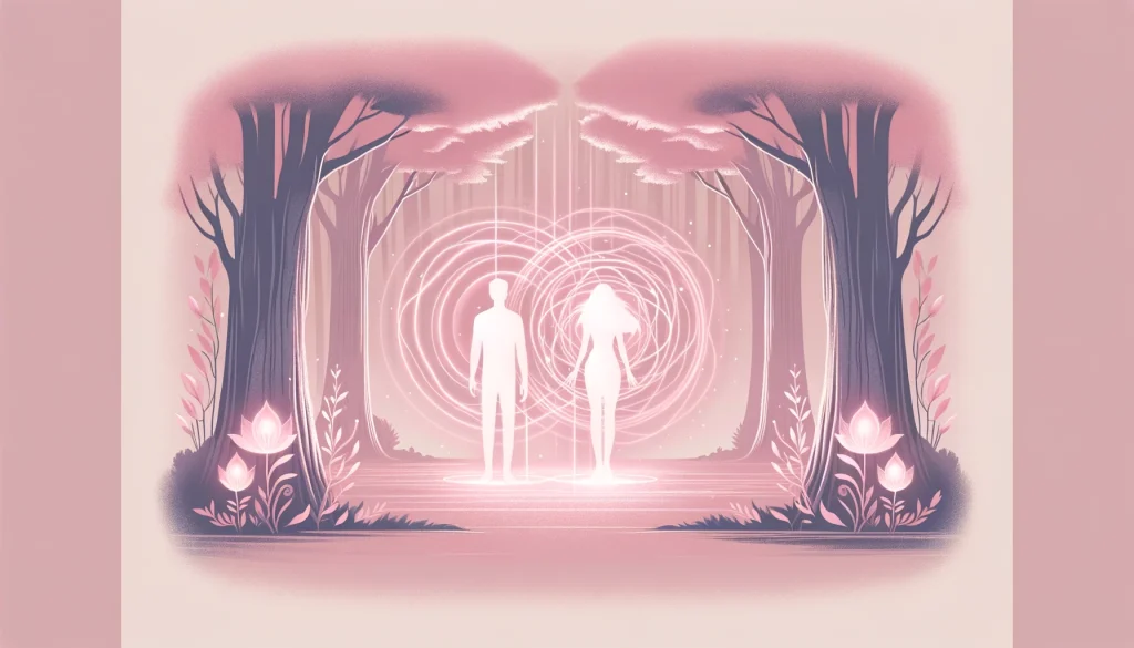 柔らかなパステルトーンで描かれた、神秘的な森の中の男女のシルエット。二人はピンクのオーラとエネルギーフィールドに包まれ、魔法のような雰囲気を醸し出している。周囲には光る樹木と花があり、自然との深いつながりを感じさせる。