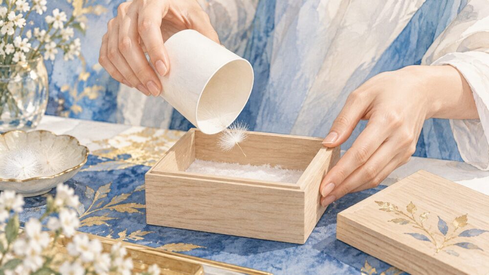 紙コップですくった白い綿毛を、素手で触れずに桐箱へ移す手元。