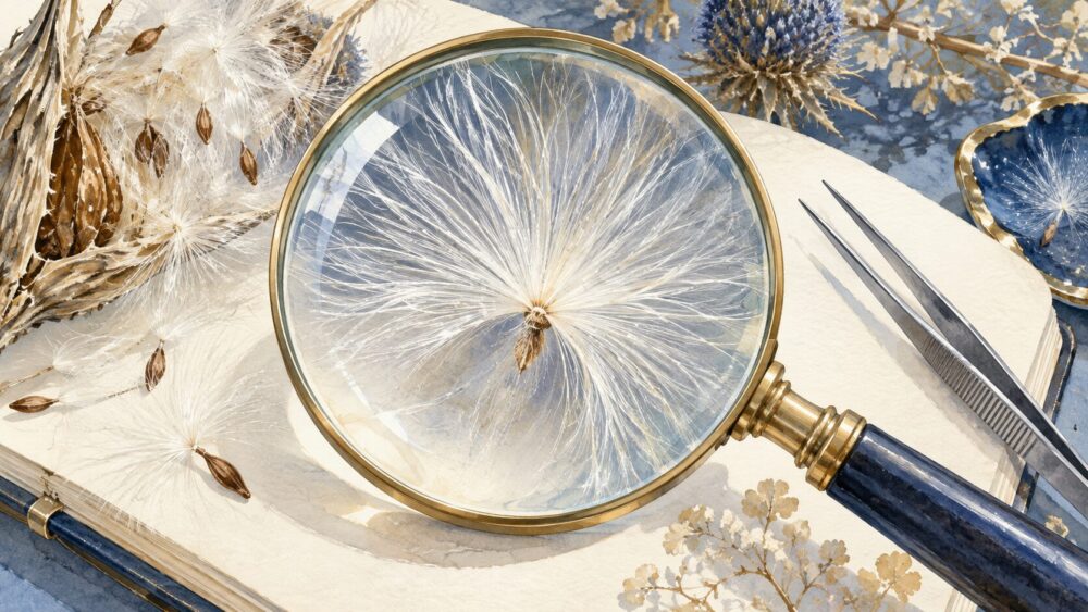 拡大鏡でアザミの冠毛と中心の結節点を観察する図。